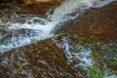 Alzeau nehrinin manzarası Saint Denis barajının altında. Yazın Fransa 'nın güneyindeki yeşilliğin ortasında bir kayanın üzerinde şelale..