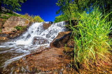 Alzeau nehrinin manzarası Saint Denis barajının altında. Yazın Fransa 'nın güneyindeki yeşilliğin ortasında bir kayanın üzerinde şelale..