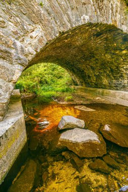 Fransa 'nın güneyinde, akşam üzeri yeşilliğin ortasında taş köprüsü olan bir nehir. Hrault 'taki Arn Nehri' nin manzarası.