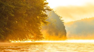 Occitani 'deki La Ravire Gölü. Sabahın erken saatlerinde Fransa' nın güneyindeki suda sisli bir manzara..