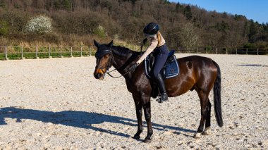 Genç bir kadın atıyla ormanda kırsalda.