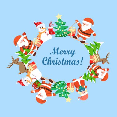 Şirin karakterli bir Noel çerçevesi ve mavi ışıklı arka planda mesaj kutusu. Vektör illüstrasyonu