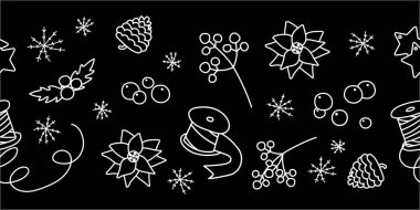 Christmas elements with white outline on black background. Seamless border. clipart