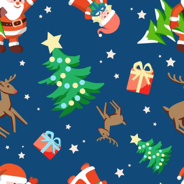 Koyu mavi arka planda kusursuz bir Noel deseni. Noel Baba, geyik, küçük kız, hediyeler, Noel ağacı ve yıldızlar.