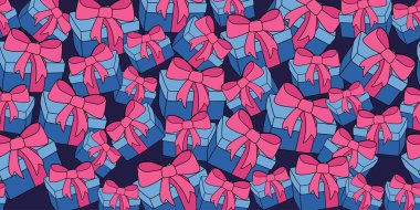 Lacivert arka planda pembe kurdeleli hediyelerin kusursuz sınırı.