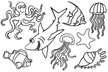 Beyaz bir arka planda su altı hayvanlarının izole edilmiş ana hatları..