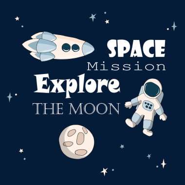 Astronot, ay ve yıldızlı koyu mavi arkaplanlı Ay beyaz harflerini keşfedin.