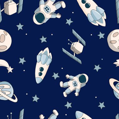 Kusursuz desen Roket, astronot, Ay, uydu ve yıldızlı Koyu mavi arka plan. 