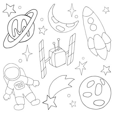 Uzay elementleri astronot, roket, uydu, gezegen, ay ve yıldızlar beyaz zemin üzerinde.
