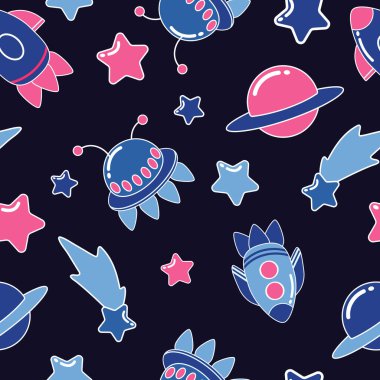 Uzay gemilerinin, yıldızların ve gezegenlerin, koyu mavi arkaplanda beyaz çizgileri olan kusursuz bir desen..
