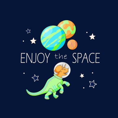 Dinozorların astronotlarının, yıldızların ve gezegenlerin olduğu koyu mavi bir arka plan..