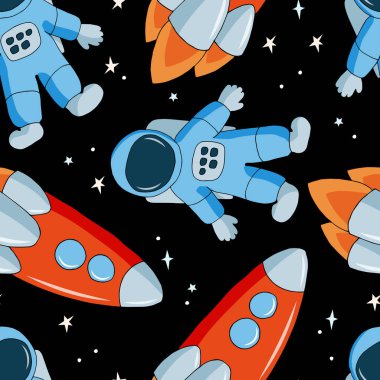 Astronot, roket ve yıldızların siyah arka planda olduğu kusursuz bir düzen..