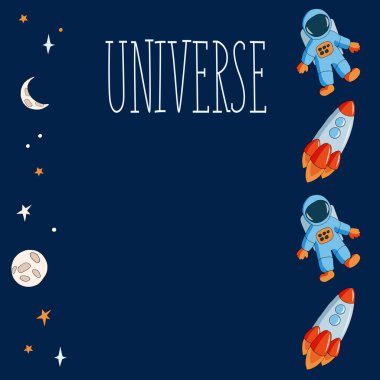 Koyu mavi arka planda astronot, roket, yıldızlar ve ay olan evren.