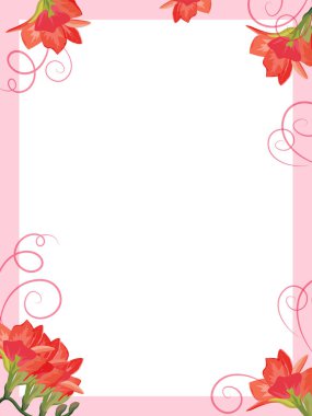 Beyaz arkaplanda kırmızı frezya çiçekleri olan çerçeve ve boşluğu kopyala.