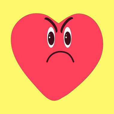 Sarı arka planda kızgın kırmızı kalp. Duygusal yüz görüntüsü.