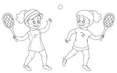 Siyah ve beyaz. Tenis kortunda iki tatlı kız oynuyor. Çocuklar için vektör illüstrasyonu