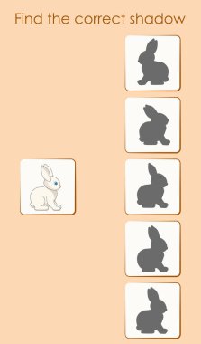 Tatlı tavşanın doğru gölgesini bul. Çocuk aktivite kitabı için çalışma tablosu. Çocuklar için vektör illüstrasyonu