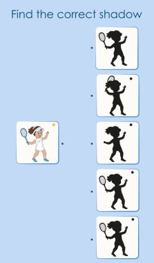 Doğru tenis oyuncusunun gölgesini bul. Etkinlik kitabı için çizgi film vektör illüstrasyonu. Çocuklar için vektör illüstrasyonu