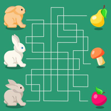 Her tavşanın hangi meyveyi yiyeceğini bul. Çocuklar için aze oyun Vektör illüstrasyonu