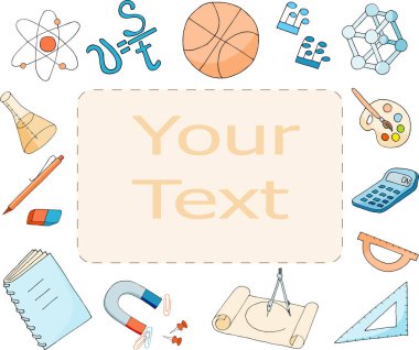 Okul malzemelerinin çerçevesinde metnin için yer var. Uzayı kopyala Çocuklar için vektör illüstrasyonu