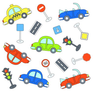 Çizgi film renkli arabalar, trafik ışıkları, beyaz arka planda yol işaretleri. Çocuklar için vektör illüstrasyonu