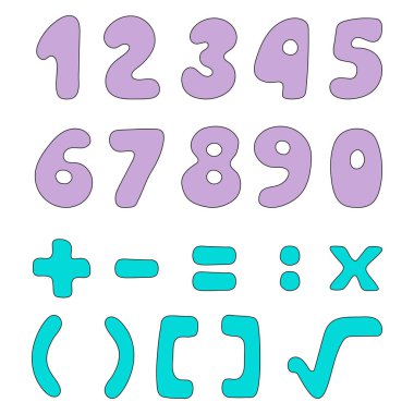 Matematik sembollü renkli çizgi film numaraları. Vektör illüstrasyonu