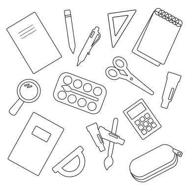 Boyama kitabı için öğrenci okulu malzemeleri. Çocuklar için vektör illüstrasyonu