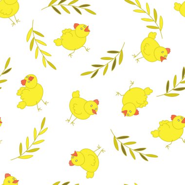 Tuhaf tavukları ve beyaz arka planda sarı dalları olan kusursuz bir desen. Vektör illüstrasyonu