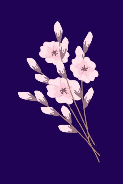 Badem dallarının bahar kompozisyonu koyu mavi arka planda çiçek açar. Vektör illüstrasyonu 