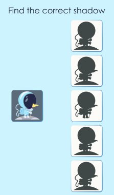 Bayraklı sevimli astronotun doğru gölgesini bul. Çalışma Sayfası Eğitim Vektörü illüstrasyonu