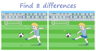 Logic puzzle game. Find 8 differences in sports pictures with a football player Educational vector illustration clipart