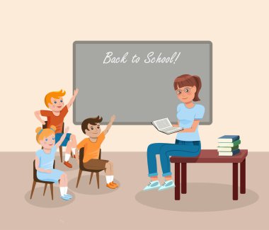 Öğretmen cevap vermek için ellerini kaldıran öğrencilere bir kitap okur. Eğitim vektörü illüstrasyonu