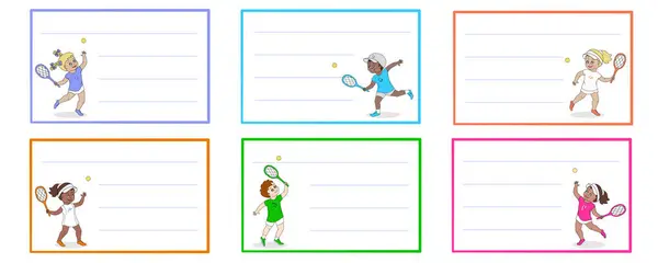 stock vector School label stickers with tennis players on white background. Educational vector illustration