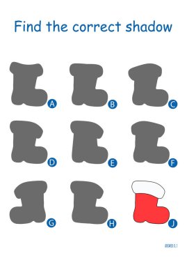 Noel Baba çizmelerinin doğru gölgesini bul. Mantık oyunu. Çizgi film vektör illüstrasyonu.