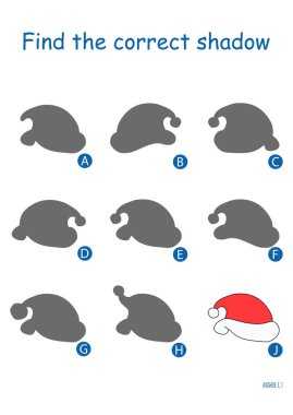 Noel Baba şapkalarının doğru gölgesini bul. Mantık oyunu. Çizgi film vektör illüstrasyonu.