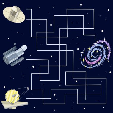 Maze game. Find which telescope can see a distant galaxy. Vector illustration clipart