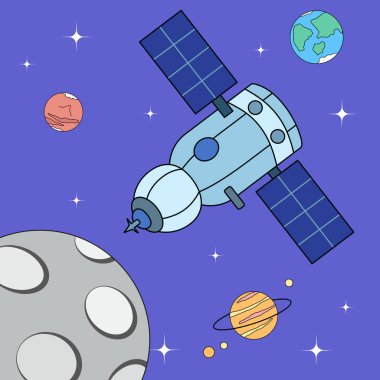 Dünya 'dan Ay' a giden bir uzay aracı. Uzay çizgi film vektör illüstrasyonu