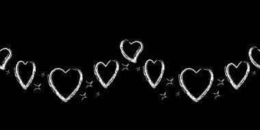 Siyah arka planda beyaz tebeşirle çizilmiş kalpler ve yıldızlar. Kusursuz sınır. Poster, kart, dekorasyon için vektör illüstrasyonu.