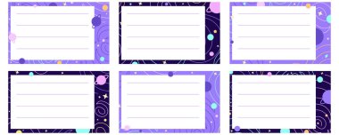 Uzay temalı renkli defter isim etiketleri seti. Uzayı kopyala Okul malzemeleri için vektör illüstrasyonu. Etiketler.