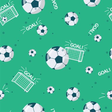 Futbol topları, ağlar ve yeşil arka plandaki gol ile spor temalı, pürüzsüz desen. Kumaşlar, ambalaj kağıtları, okul malzemeleri için vektör illüstrasyonu.