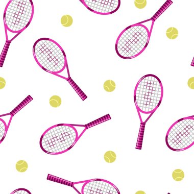 Kusursuz desenli tenis raketleri ve beyaz arka planda toplar. Popüler sporlar. Duvar kağıdı, ambalaj kağıdı, yazdırma için vektör illüstrasyonu.