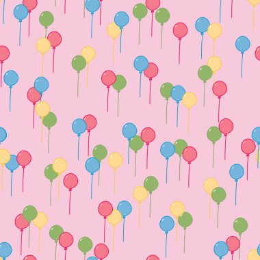 Renkli Balonlar, arka planda pembe arkaplansız desenler üzerine koordinat olarak dağılmış mutfak dekoru, giysi, ev dekorasyonu, yorgan kumaşları veya kağıt ürünleri için harika..