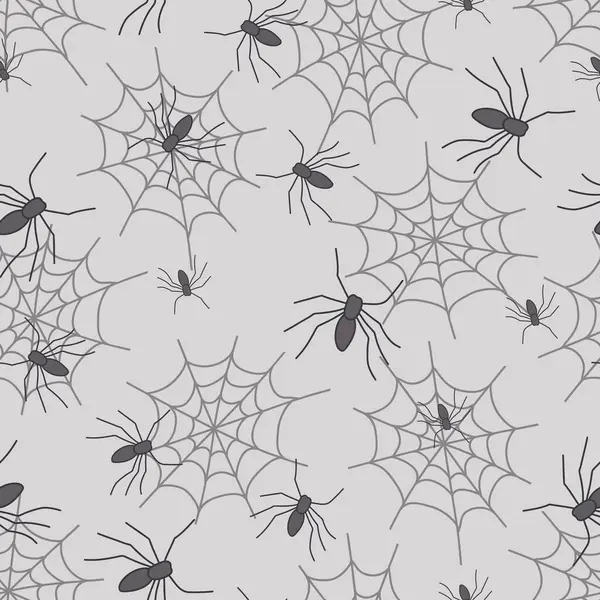 stock vector Halloween spiders on webs on gray seamless pattern print background great for kitchen decor, apparel, home decor, quilt fabrics, or paper products.