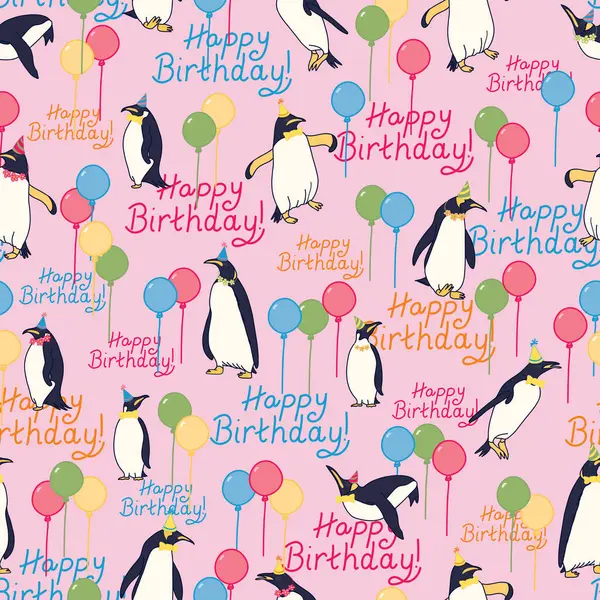 stock vector Happy birthday, penguins, and balloons on pink background seamless pattern print background great for kitchen decor, apparel, home decor, quilt fabrics, or paper products.