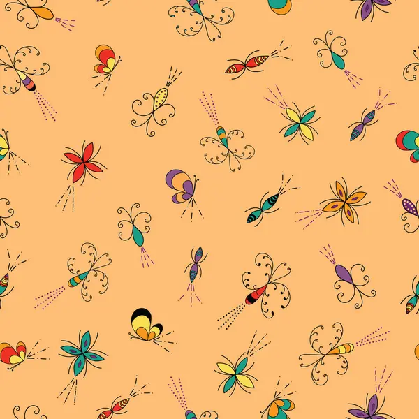 stock vector Colorful stylized bugs moving across an orange background seamless pattern print great for home or kitchen decor, quilt and apparel fabrics, or paper products.