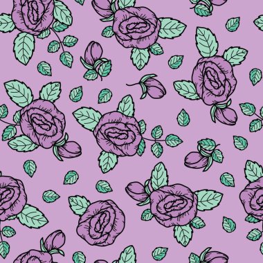 Pembe arka planda yeşil yapraklı Fuchsia gülleri ve tomurcukları ev ya da mutfak dekorasyonu, yorgan ve giysi kumaşları ya da kağıt ürünleri için mükemmel kusursuz bir desen oluşturuyor..