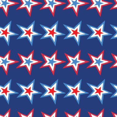 Kırmızı, beyaz ve mavi renkte yatay çizgilerle dizilmiş vatansever yıldızlar ev ya da mutfak dekorasyonu, yorgan ve giysi kumaşları ya da kağıt kumaşlar için mükemmel kusursuz bir desen oluşturuyorlar.