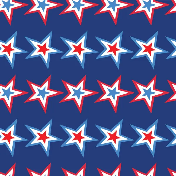 stock vector Patriotic stacked red, white and blue stars in horizontal stripes on a royal blue background creating a seamless pattern print great for home or kitchen decor, quilt and apparel fabrics, or paper