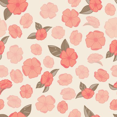 Wild roses in peach colored hues scattered on a creme background creating a seamless pattern print great for home or kitchen decor, quilt and apparel fabrics, or paper products. clipart