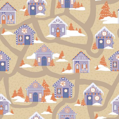 Bir köyde geleneksel olmayan turuncu ve mor renkli zencefilli evler ev ya da mutfak dekorasyonu, yorgan ve giysi kumaşları ya da kağıt ürünleri için kusursuz bir desen oluşturur.